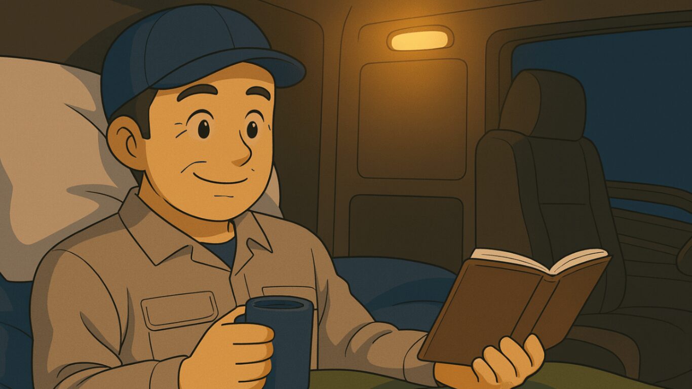 長距離トラックドライバーが休息時間にトラック車内で本を読んで過ごしている様子