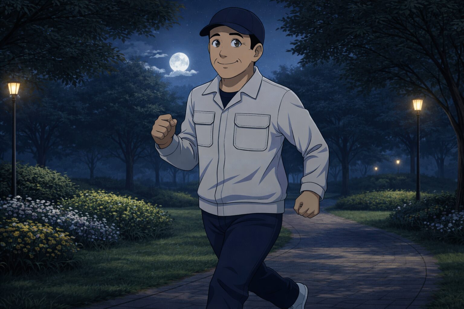 高坂SAで休息時間中に夜間ウォーキングをする長距離トラック運転手のイラスト