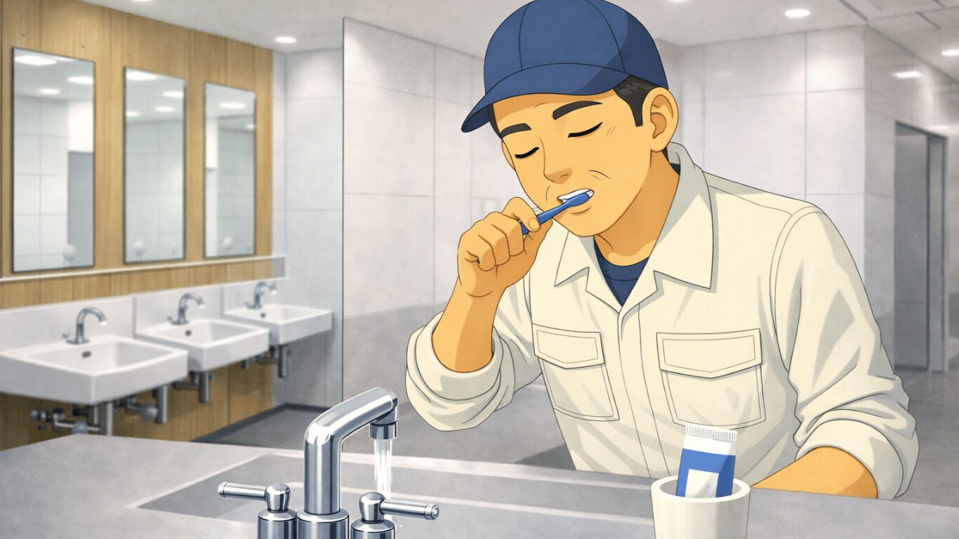 高坂SAで休息中にトイレの洗面所を使って歯磨きをする長距離トラック運転手