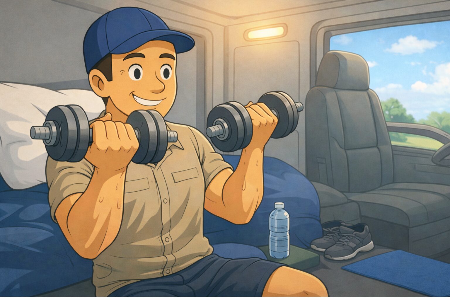 長距離トラック運転手が休憩時間に車内でダンベルを使って筋トレをしている様子