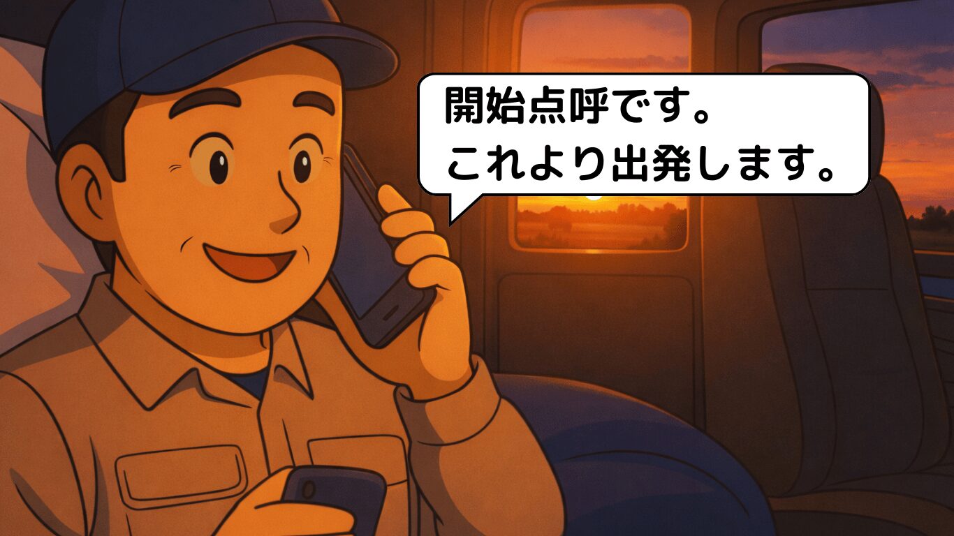 高坂SAで開始点呼を行い、携帯電話で出発連絡をする長距離トラック運転手のイラスト