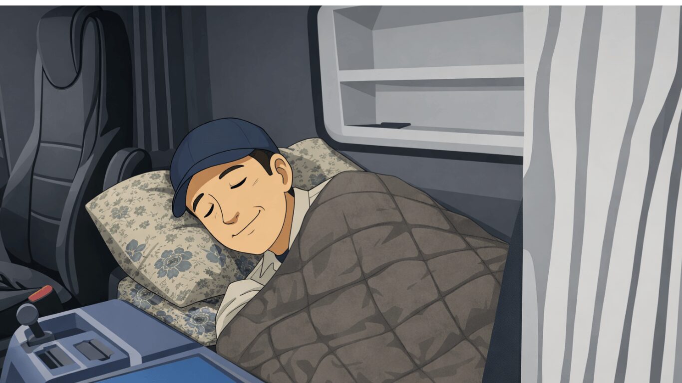 長距離トラック運転手が待機時間にキャビンで仮眠を取っている様子