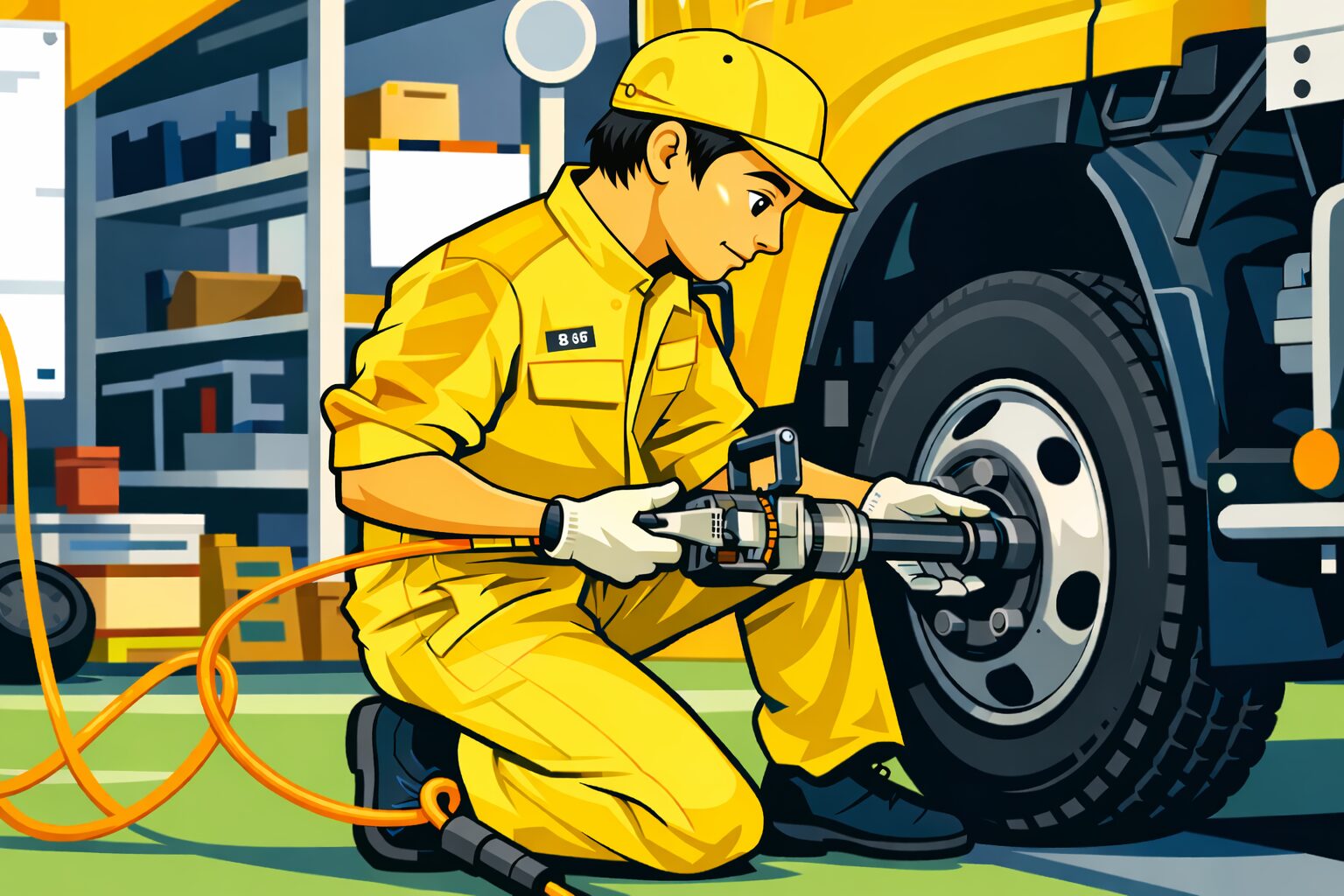 業務が分業された運送会社で整備担当がトラックのメンテナンスを行っている様子