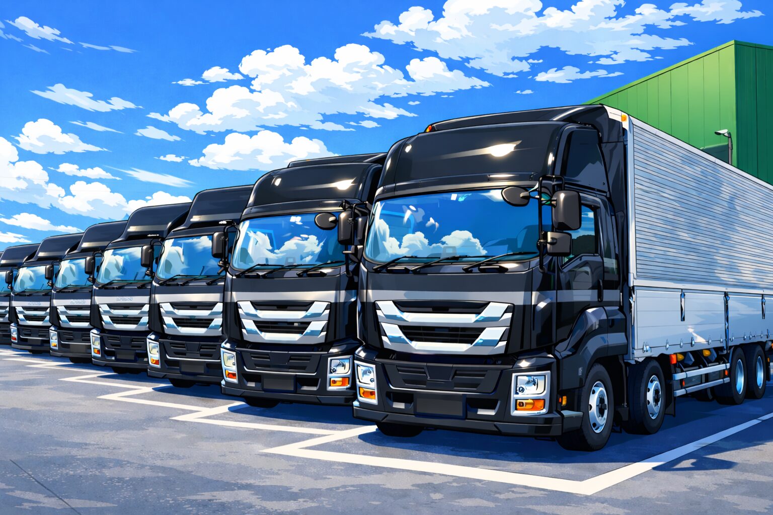 大型ウィング（15t）トラックが並ぶ運送会社の車両風景。長距離トラック転職で安定した会社選びをイメージしたイラスト
