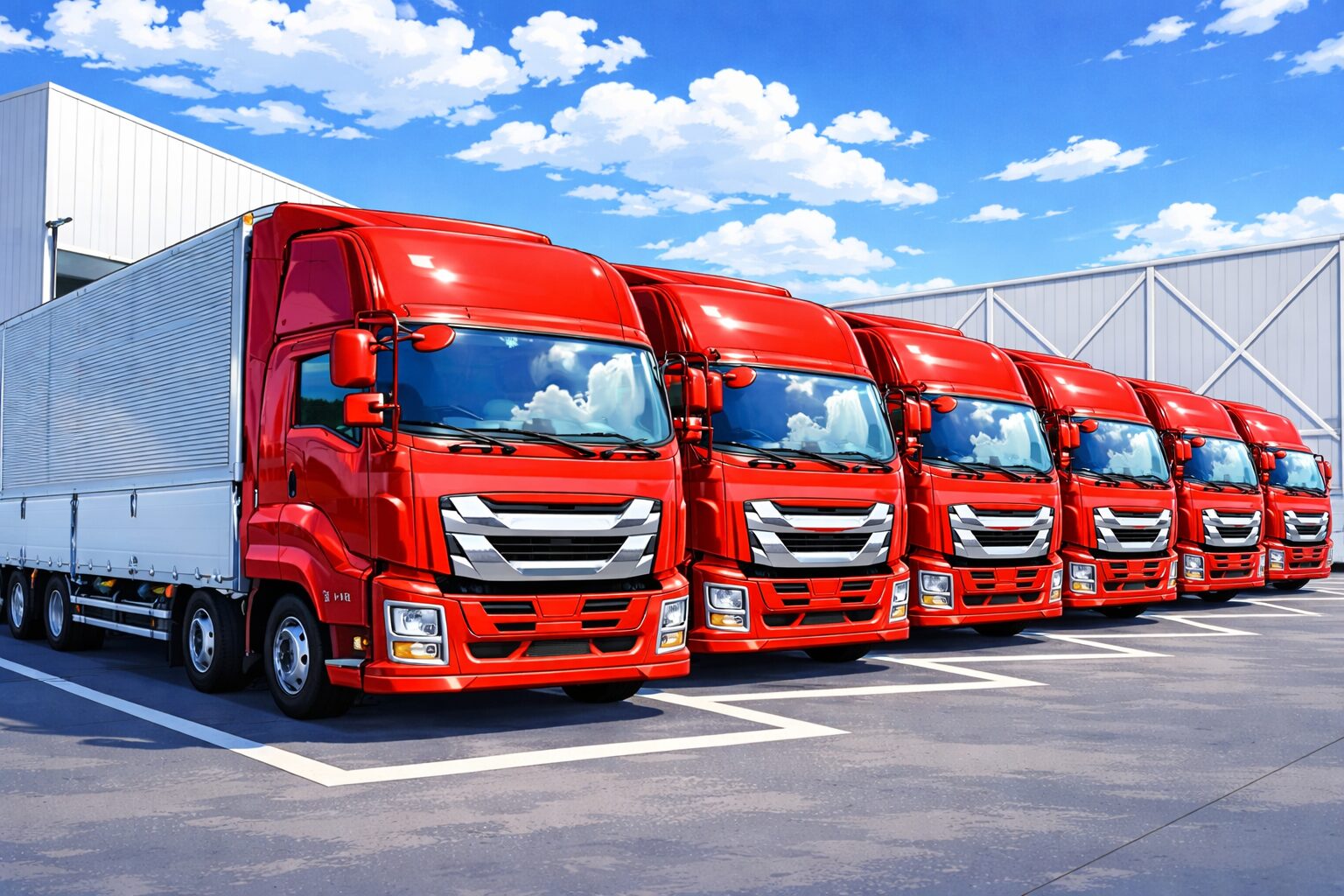 大型ウィング（15t）がメインの運送会社に並ぶ大型トラックのイラスト
