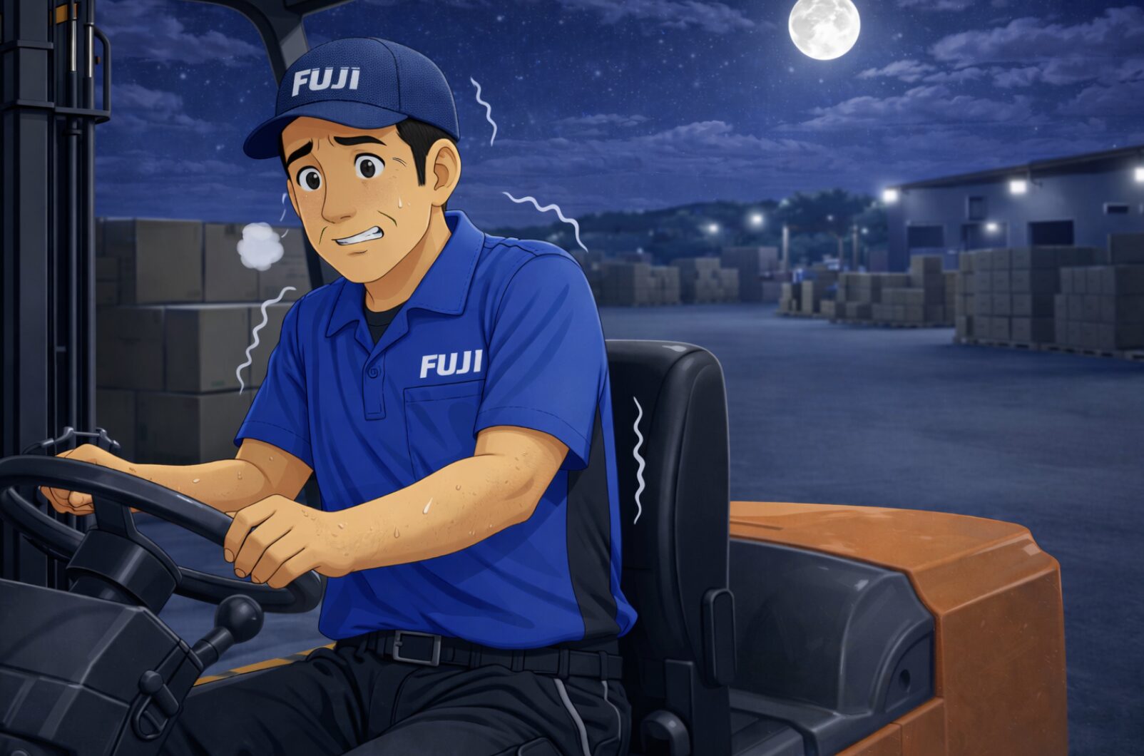 夏の深夜、倉庫でフォークリフト作業中に少し寒がるトラックドライバー（物流センター作業の様子）