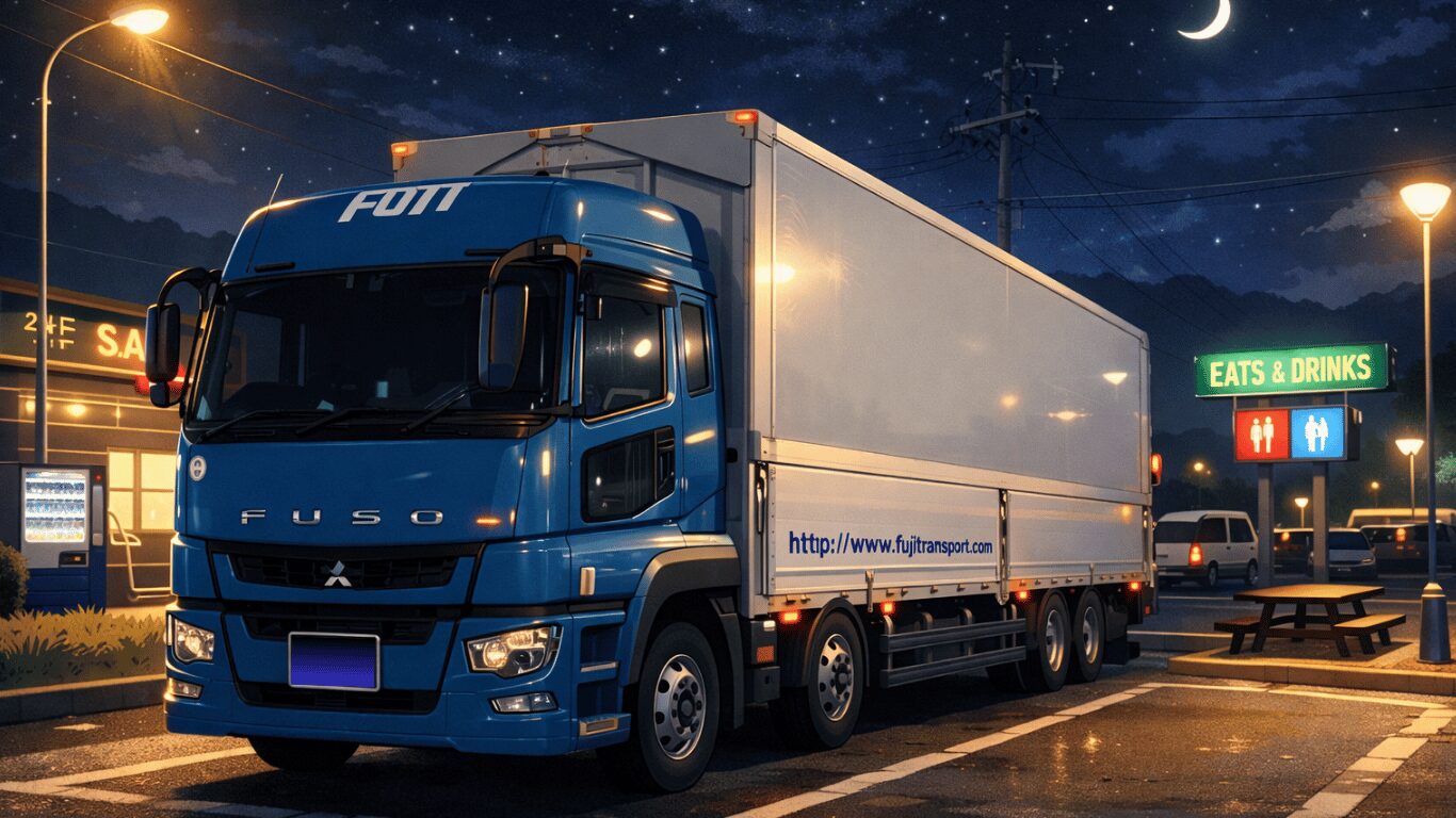 長距離トラックが夜間の休憩エリアで停車しドライバーが休憩している様子