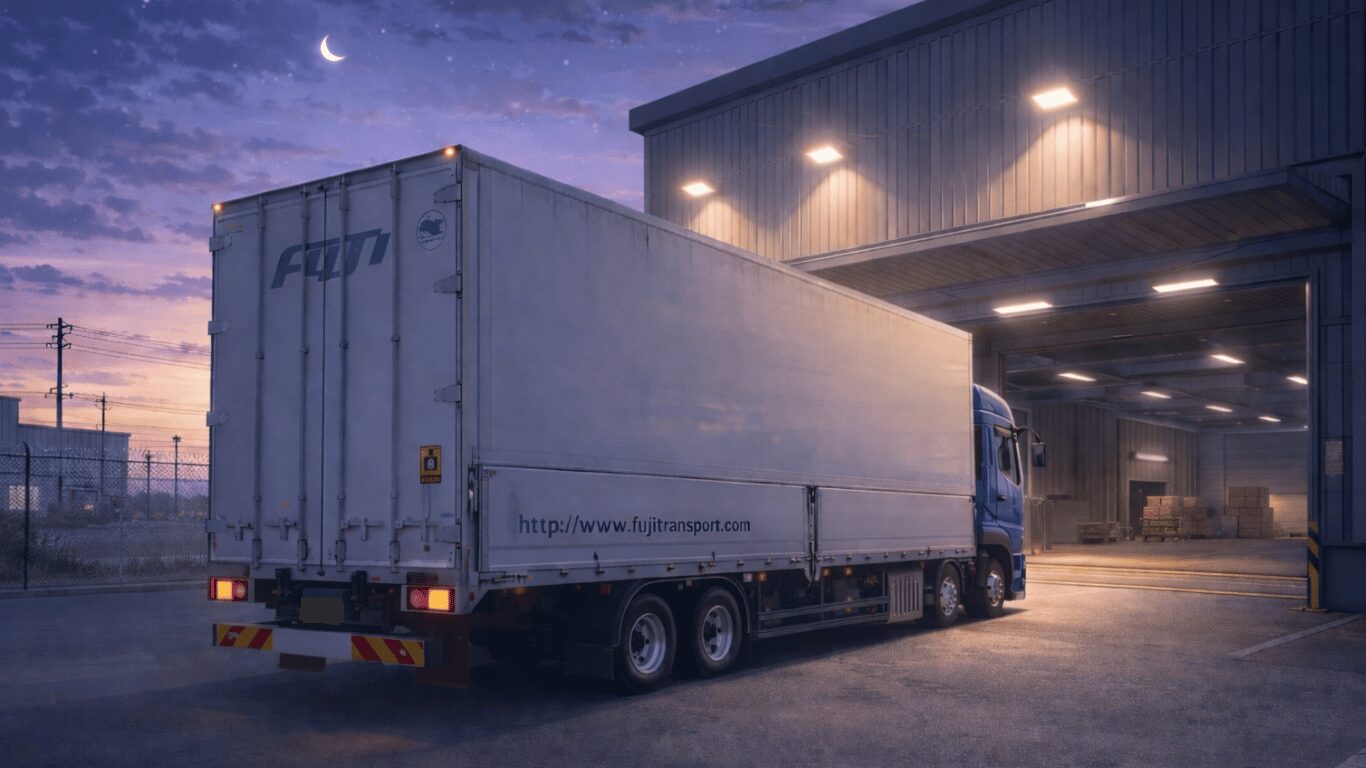 早朝に物流センターの倉庫へ到着したトラックと荷下ろし作業の様子（トラックドライバーの仕事）