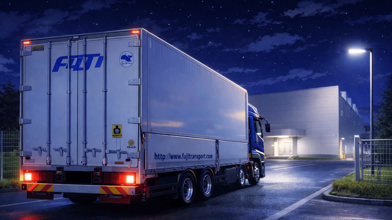 深夜に倉庫へ到着したトラックが荷卸し作業を行う前の納品現場の様子