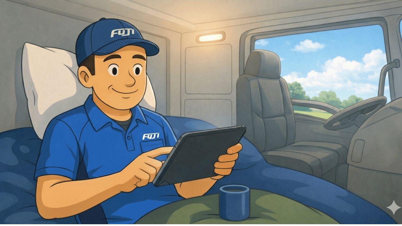 休息時間にトラックの車内でタブレットを見るトラックドライバー（長距離ドライバーの休憩中の過ごし方）