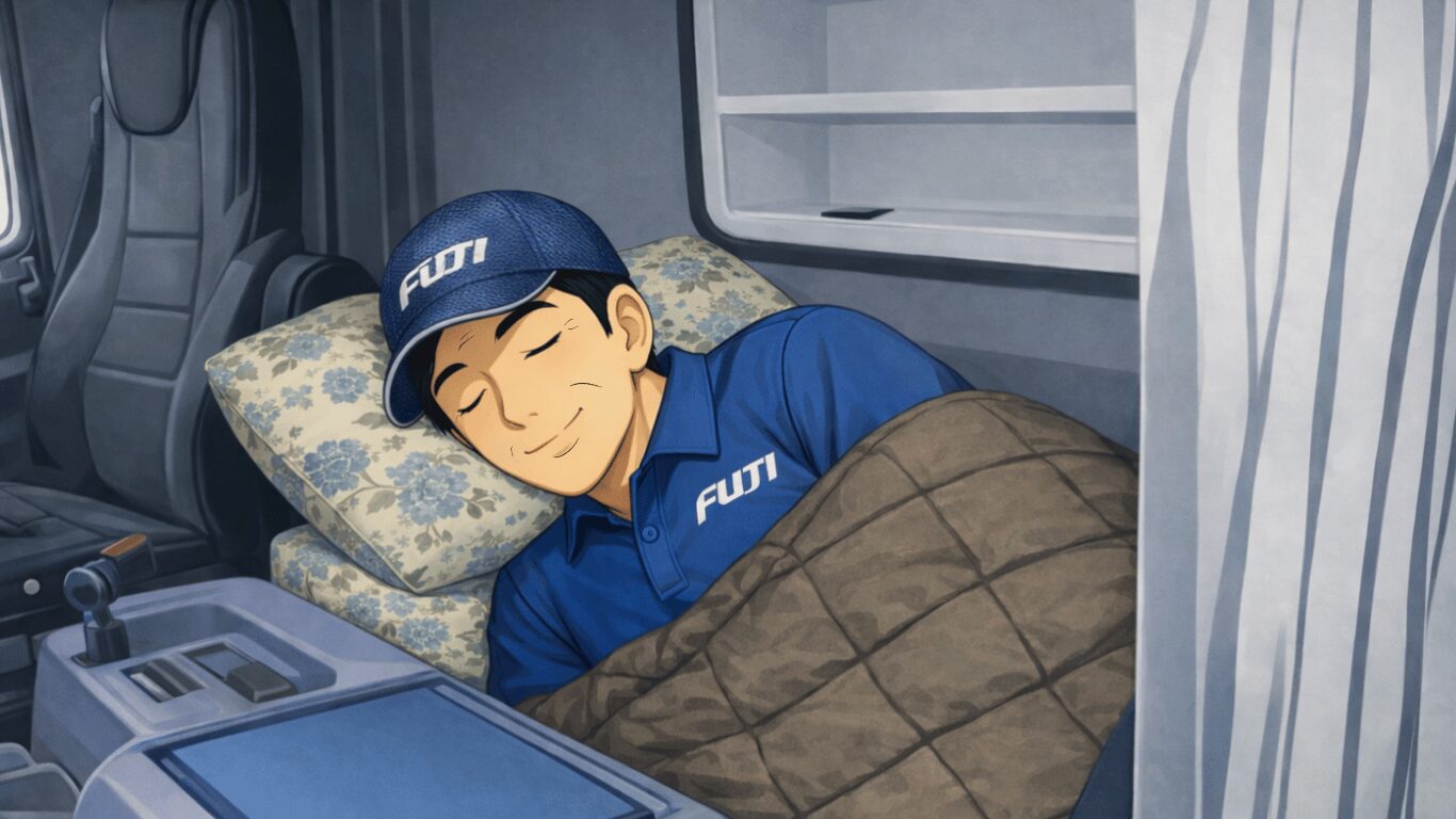トラックの車内で休息時間に仮眠をとるトラックドライバー（長距離ドライバーの休憩・睡眠）