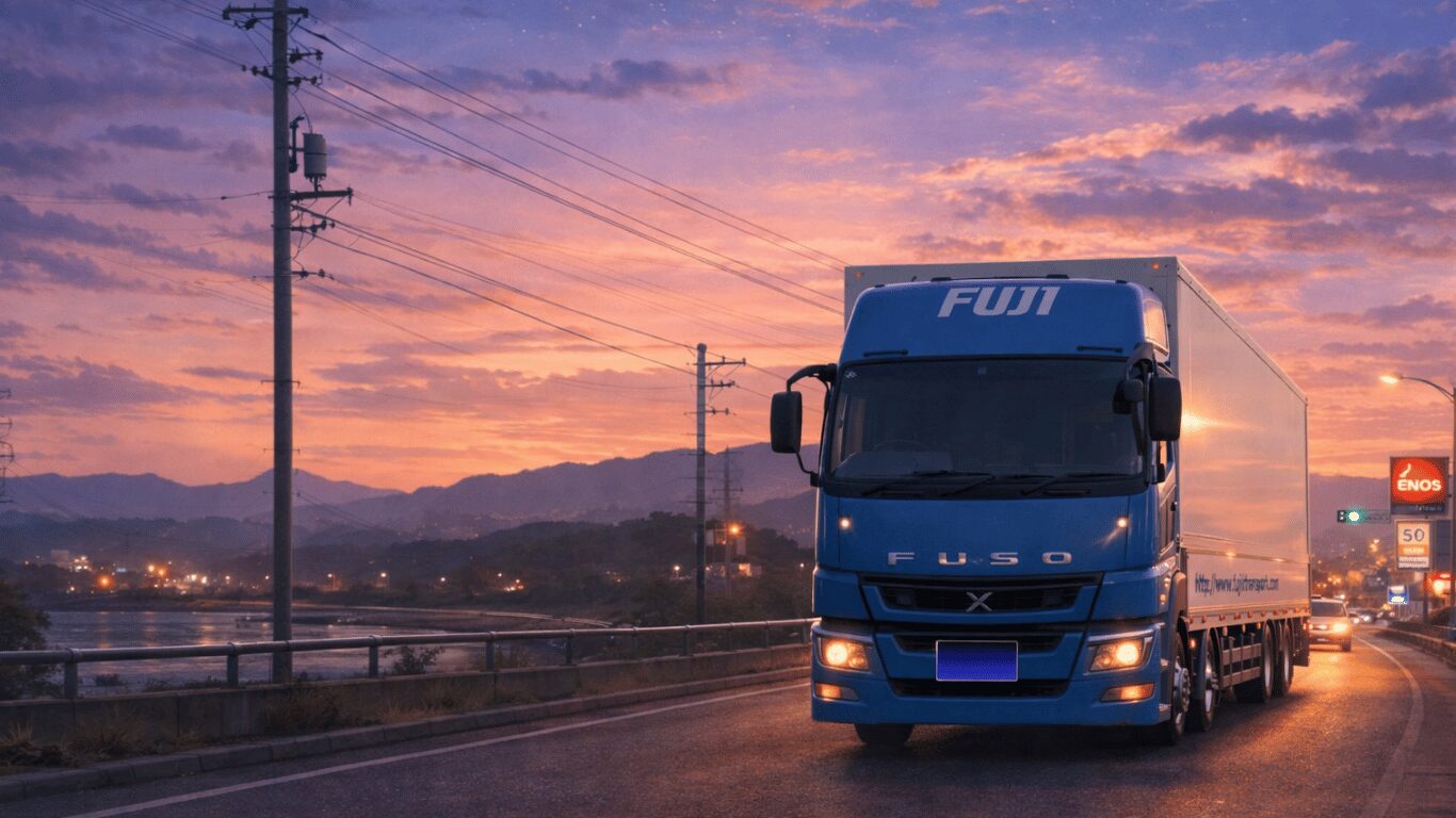 早朝の一般道を走行する大型トラック（荷下ろし先へ向かうトラックドライバーの移動）