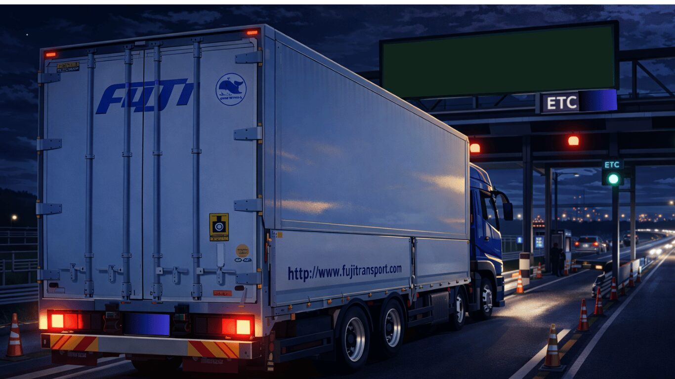 夜間に高速道路のETCレーンを通過するトラックの出発シーン