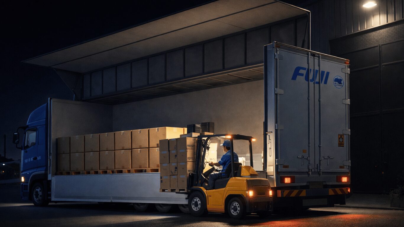 夜間の倉庫でフォークリフトを使いトラックへ荷物を積み足しする物流作業の様子