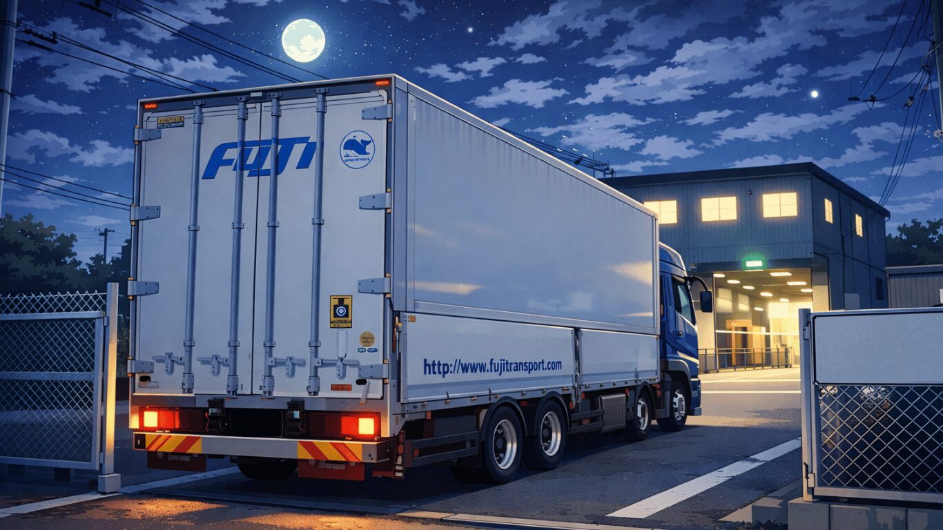 夜間に倉庫でトラックへ荷物を積み込む物流ドライバーの積み込み作業