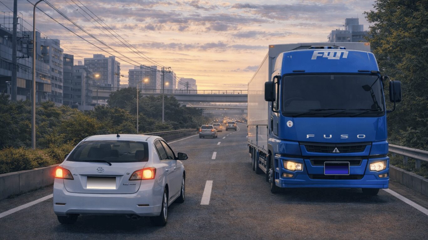 朝の通勤ラッシュの一般道を走る大型トラック（渋滞する道路を走行するトラックドライバー）