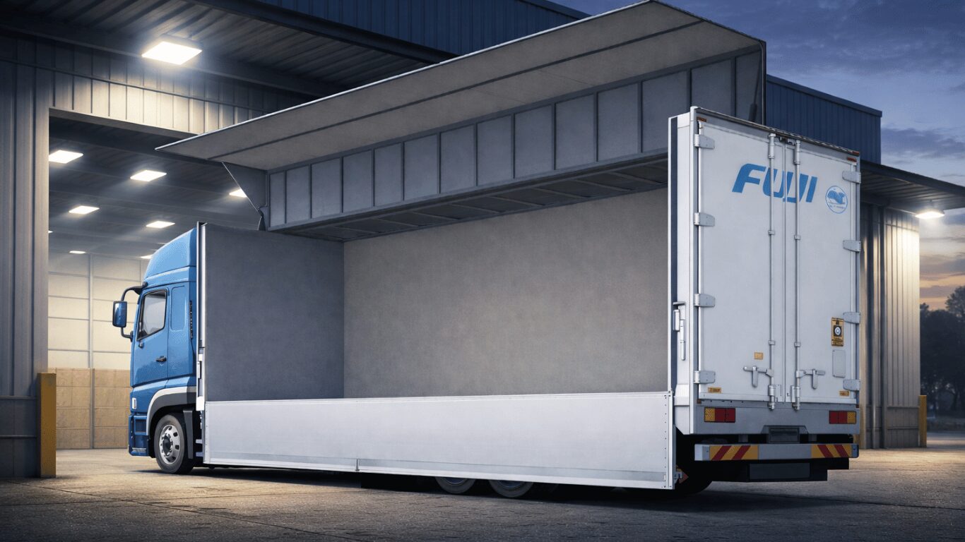 荷下ろしが完了して空車になったトラック（物流センター倉庫での配送作業後の様子）