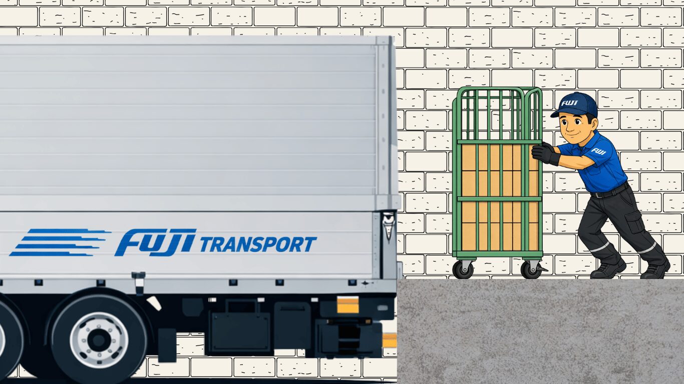 運送会社で未経験ドライバーがカゴ台車を使って荷物を運ぶ作業イメージ