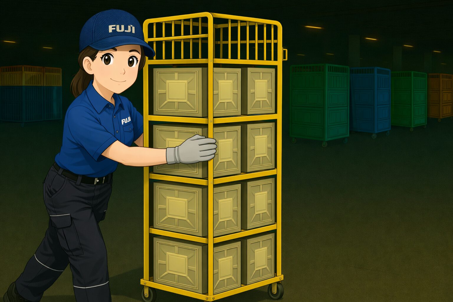 カゴ台車（ロールボックスパレット）を押してトラックに積み込む宅配ドライバーの荷役作業