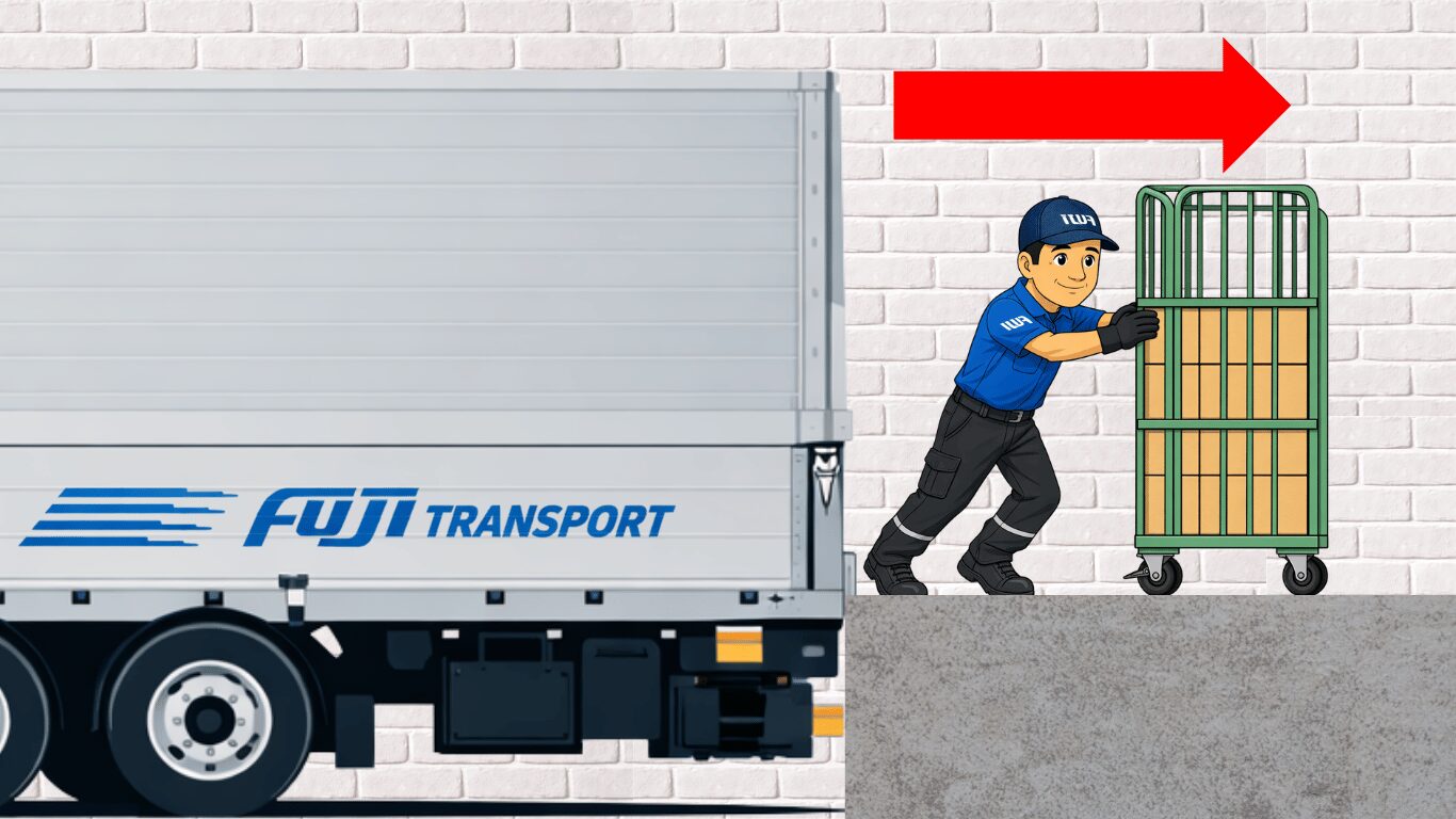 トラックからロールボックスパレットを荷下ろしするトラックドライバーの仕事風景