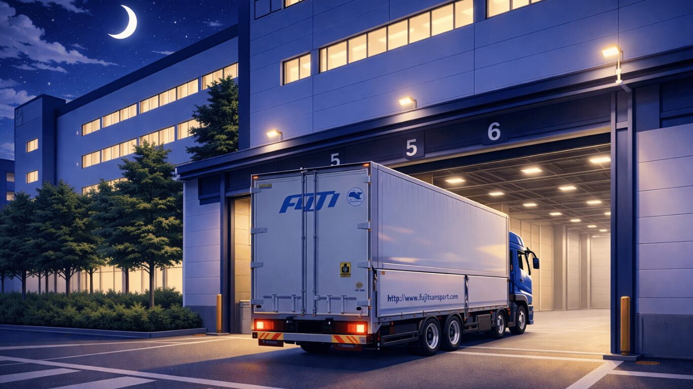 夜の物流センターのバースに到着して接車する大型トラック（積み込み場所に到着）