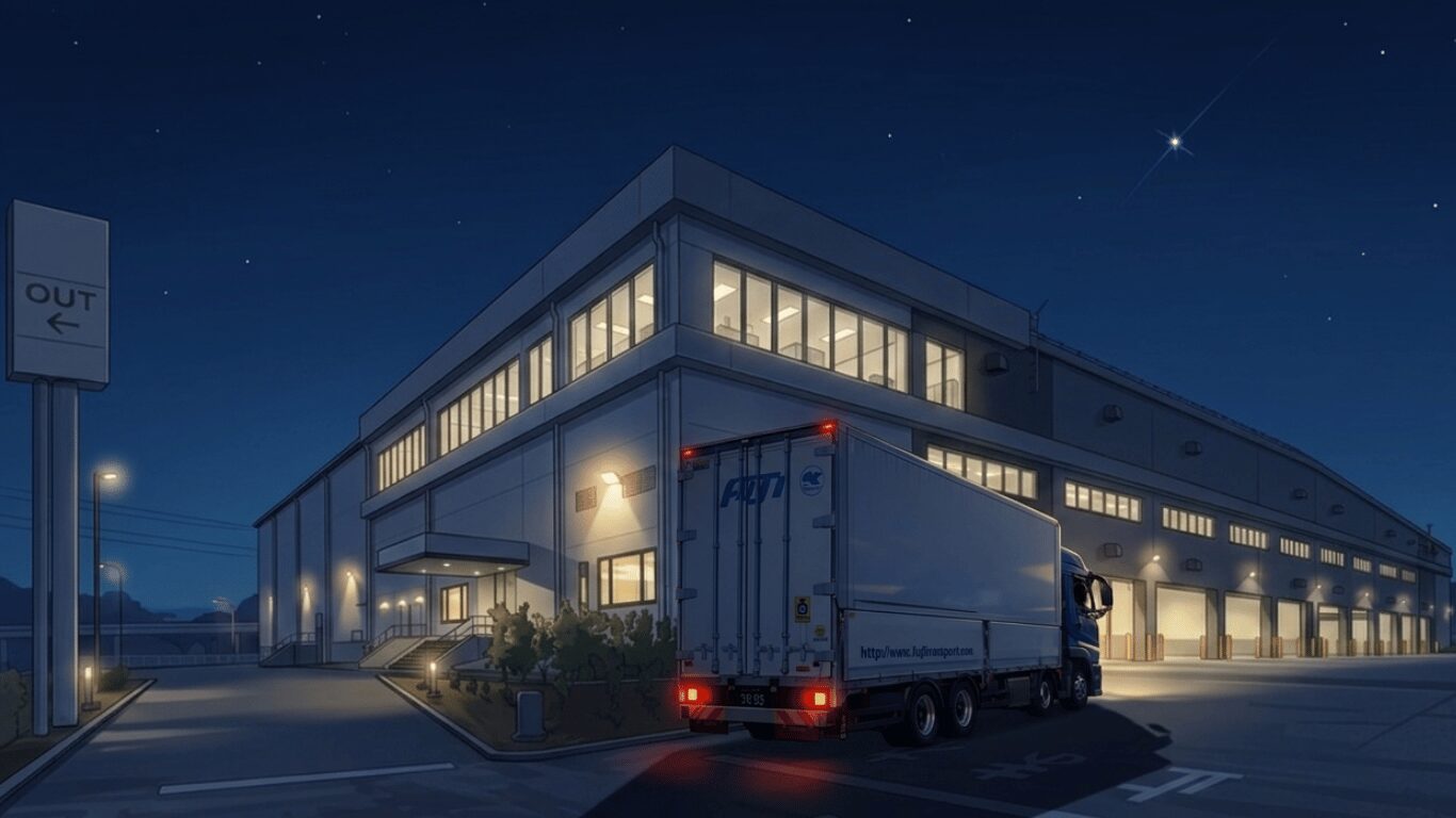 夜間に物流センターへ到着した大型トラック（配送先での荷下ろし前の様子）