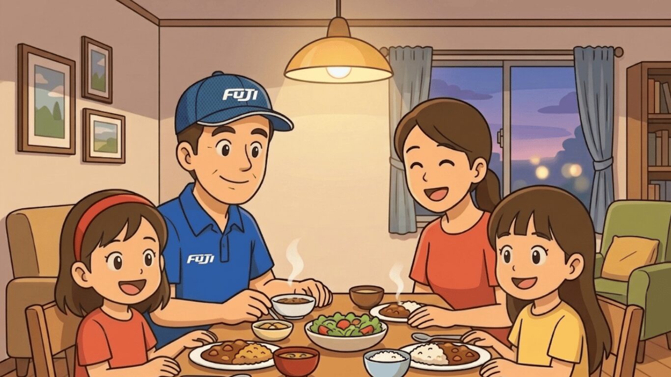 長距離トラックドライバーが帰宅後に家族と夕食をとる生活イメージ（家族との時間が取れる働き方）