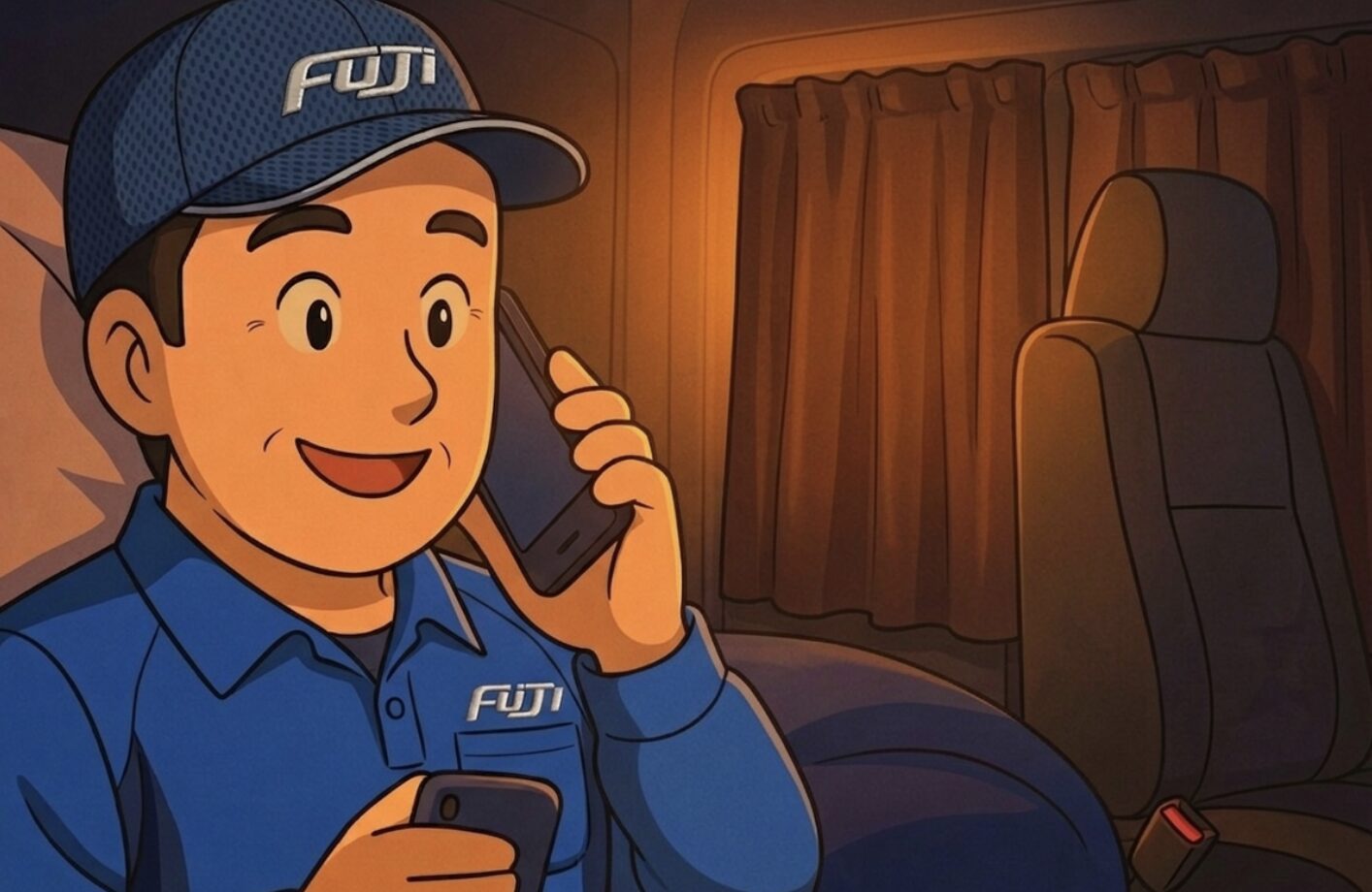 出発前の点呼で電話連絡をするトラックドライバー（アルコールチェックや出発前確認）