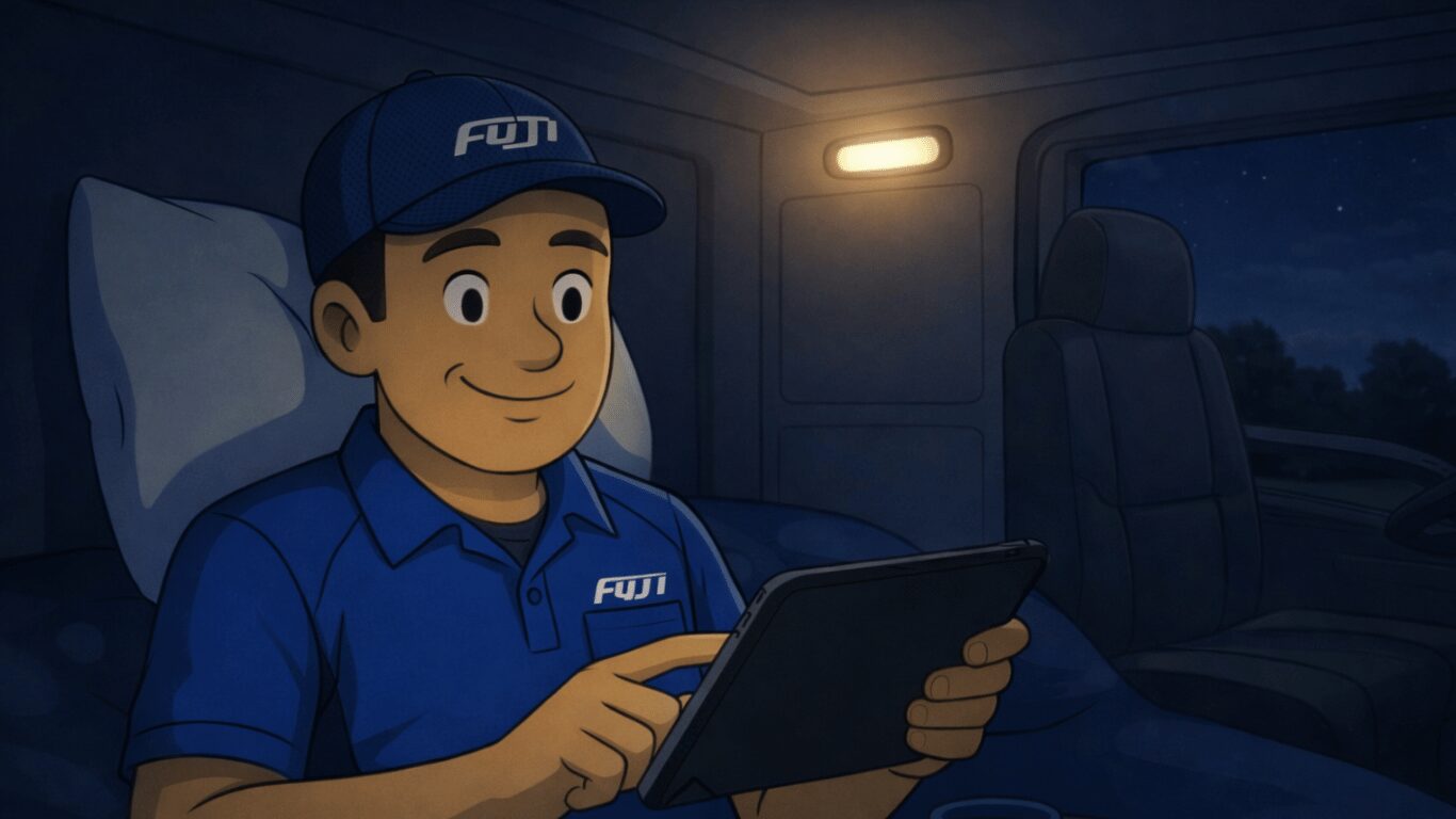 積み込み前の待機時間にトラックの車内でタブレットを見るトラックドライバー（荷物の準備待ち時間）