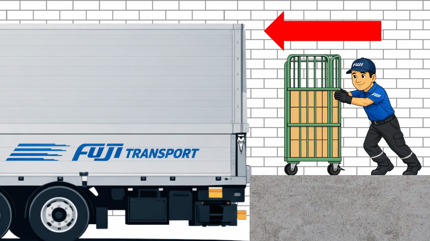 トラックをバースに接車してカゴ台車（ロールボックスパレット）を積み込む荷役作業