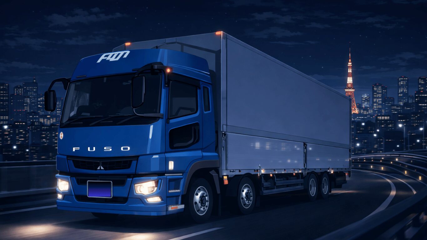 夜の首都高速を走行する大型トラック（積み込み場所へ向かう夜間運行のトラックドライバー）