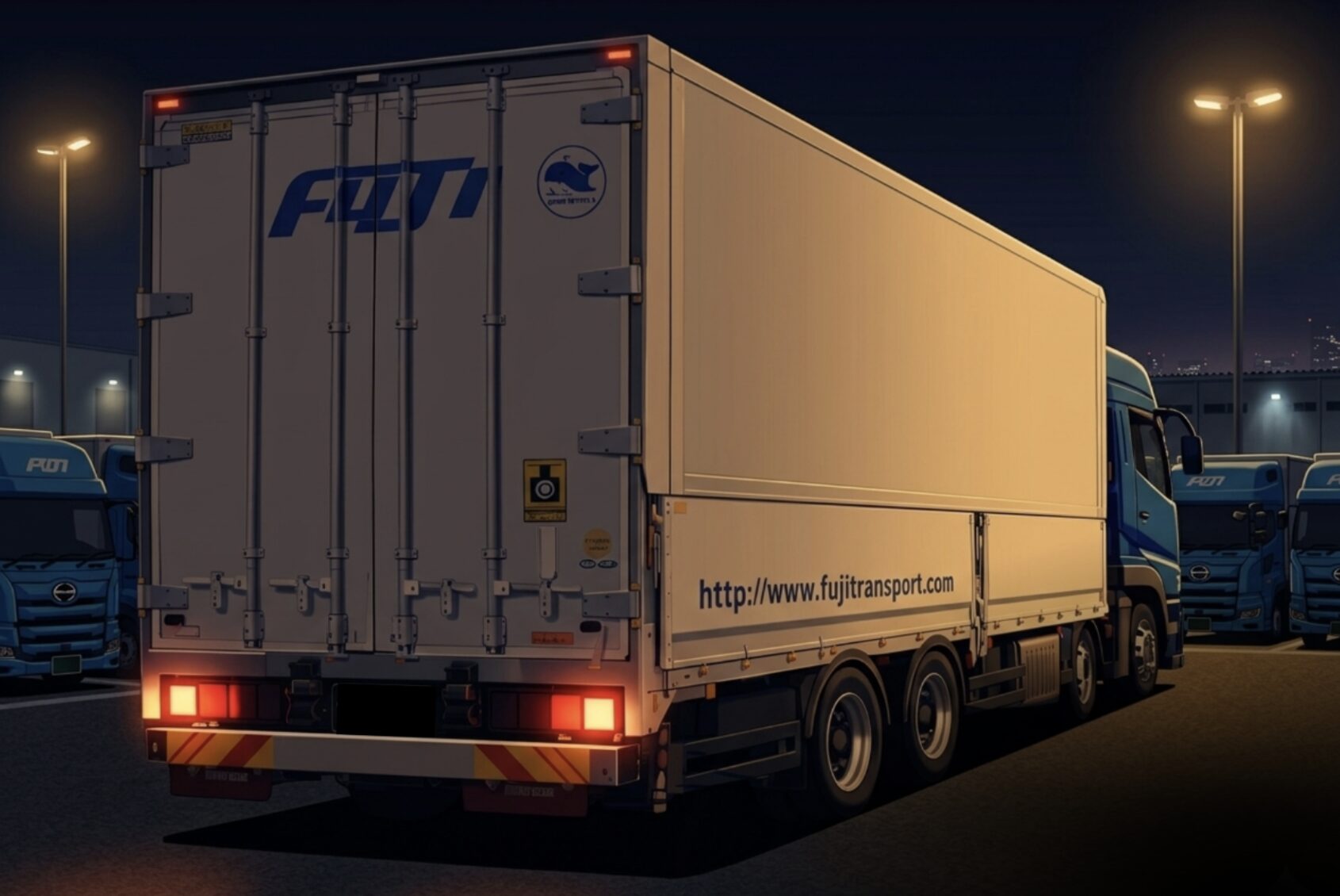 夜に支店へ戻り業務終了する大型トラック（長距離ドライバーの運行終了）