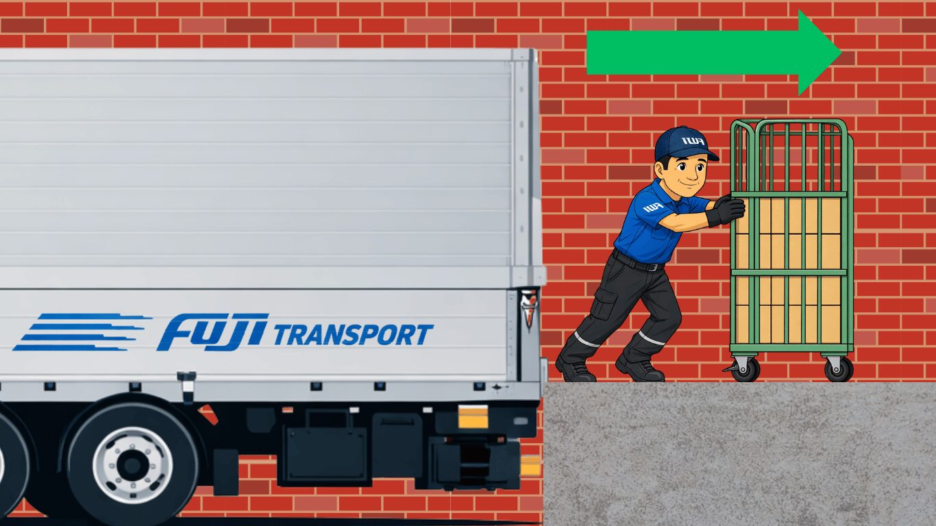 トラックの荷台からロールボックスパレットを押して荷下ろしするドライバー作業