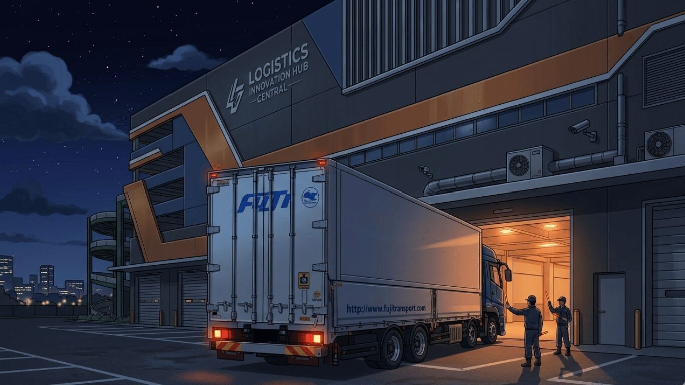 深夜の物流センターで荷卸しをする大型トラック（夜間配送の荷下ろし作業）
