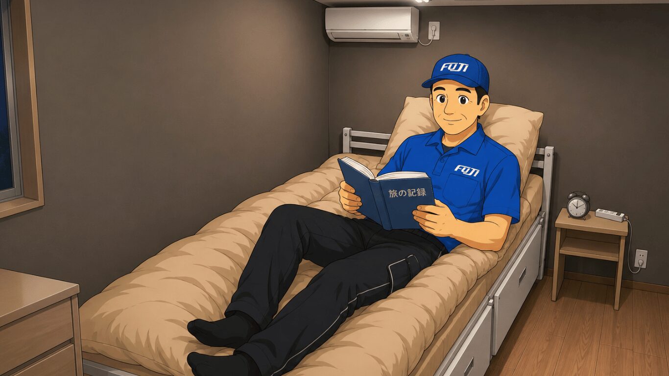 フジトランスポートの支店で休憩時間に本を読んでくつろぐ長距離トラックドライバーのイメージ