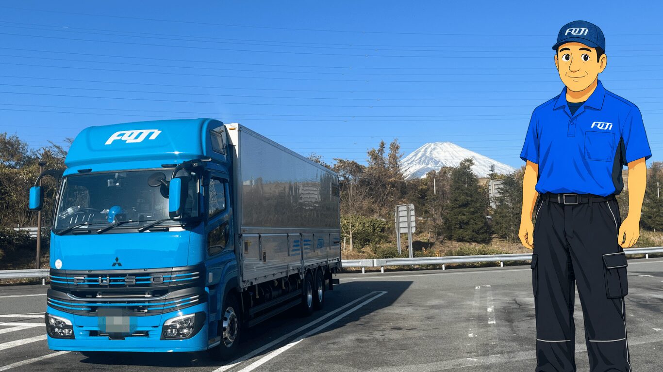 フジトランスポートで現在乗務している大型トラックと現役ドライバーのイラスト