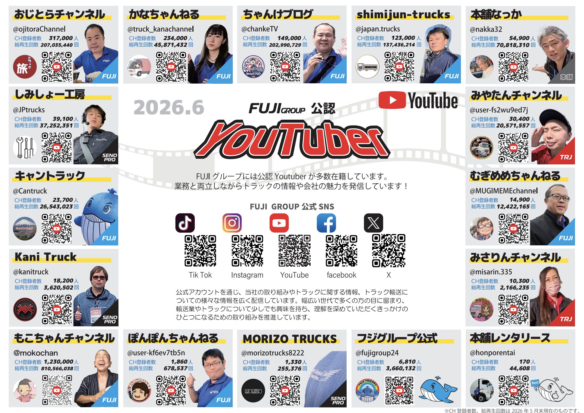 フジトランスポート公式YouTube紹介ページ。現役トラックドライバーや公式チャンネルが車両情報や仕事の魅力を発信している