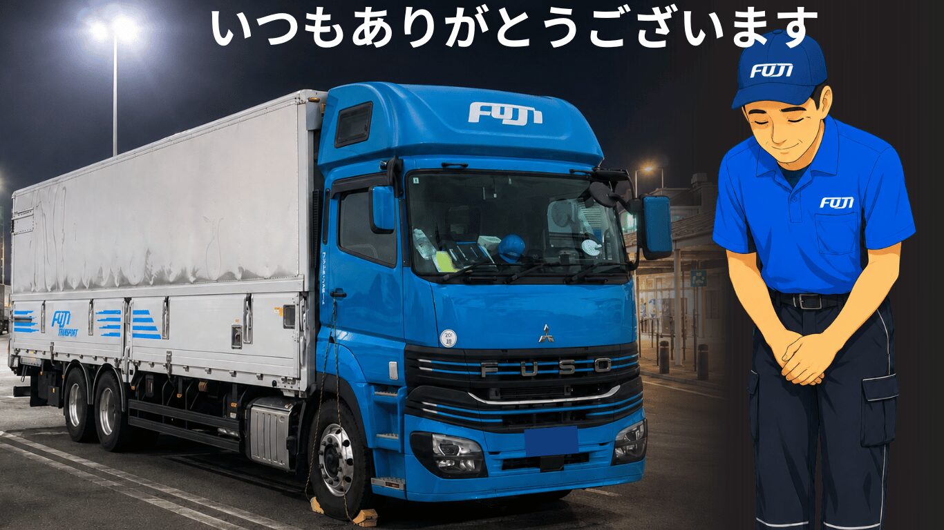 荷主へ感謝する長距離トラック運転手のイラスト。高速道路メインの夜間長距離便で積み込み負担が少なく、快適に働ける大型トラックドライバーの仕事風景