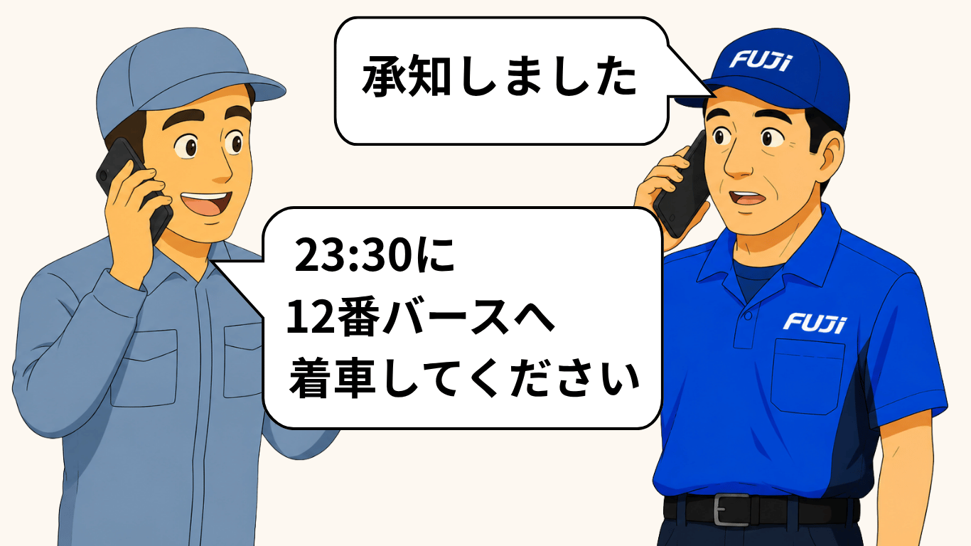 フジトランスポートの長距離ドライバーが荷主から事前連絡を受け、到着時間とバース番号の着車指示を電話で確認しているイラスト