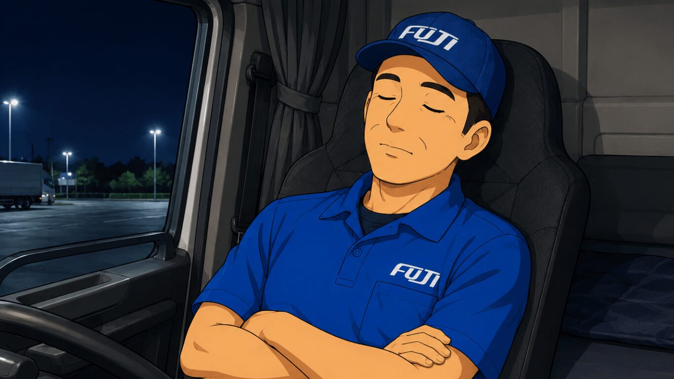 大型トラックドライバーが430(30分休憩)で運転席に座り、目を閉じて仮眠している様子
