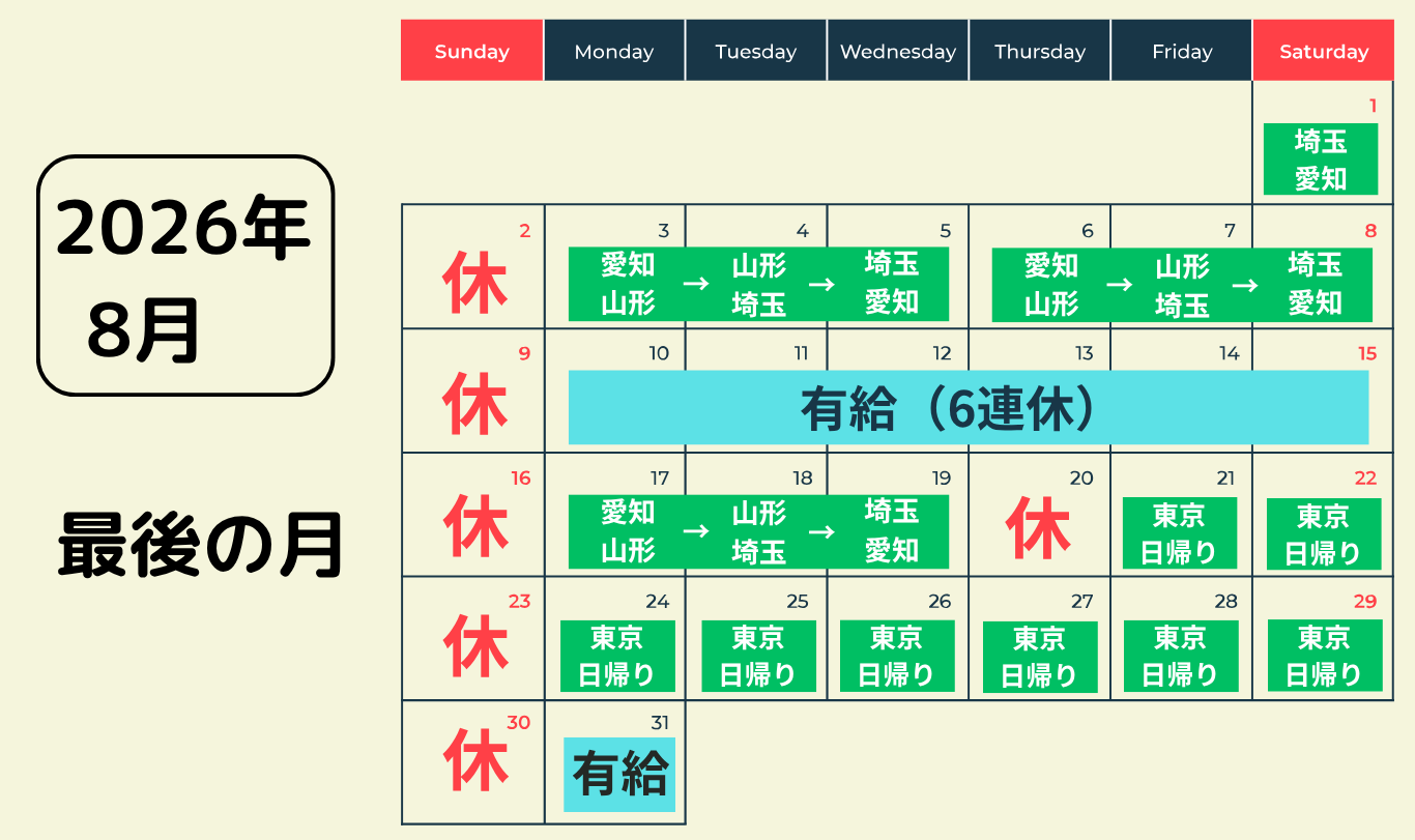 フジトランスポート退職前最後の2026年8月の運行スケジュール|長距離運行・東京日帰り便・有給休暇