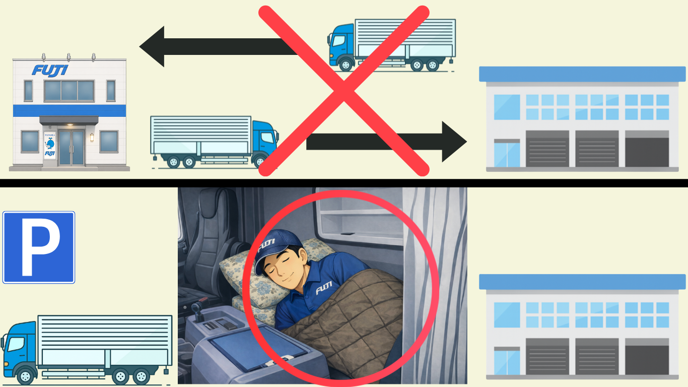 長距離トラックの地場運行で支店と積み込み場所の往復を減らし車中泊するイメージ