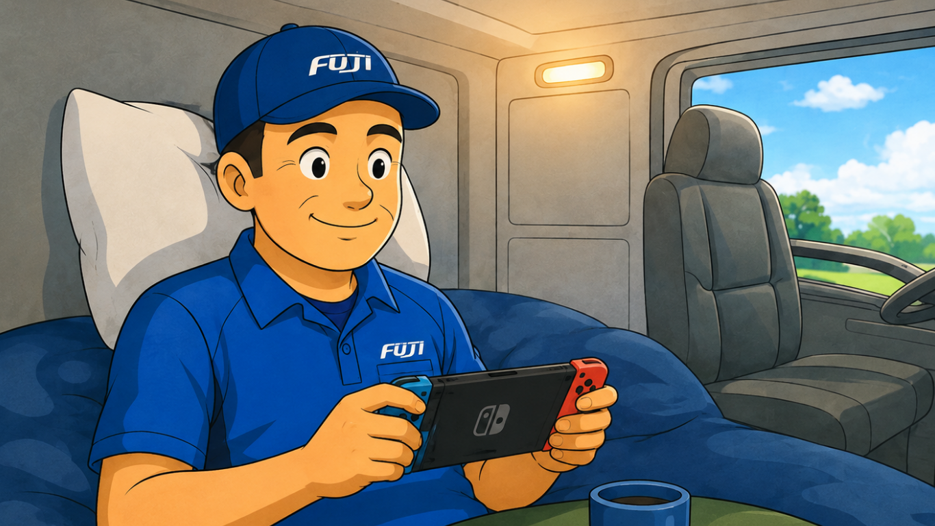 待機時間にトラックの車内でゲームをして過ごすトラック運転手